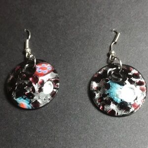 Mysterious Millefiori Round Elegant Black and Blue Dangle pierced Earrings